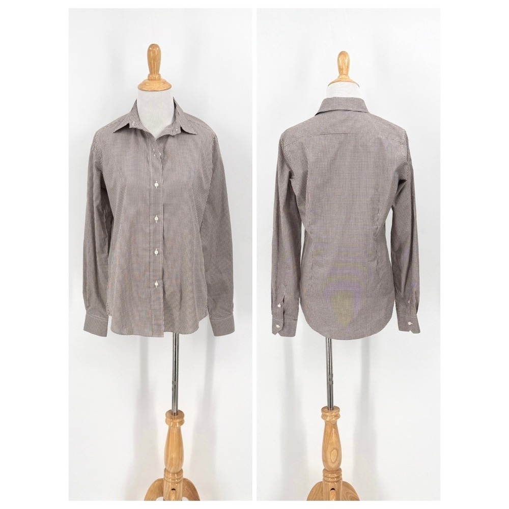 Ann Mashburn Button up Shirt Women Medium Brown Gingham Check Long Sleeve Cotton